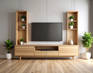 A modern living room setup featuring a flat screen TV mounted above a wooden media console with shelves and potted plants.