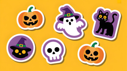 Obraz premium Halloween-themed clip art stickers sit on a yellow rectangle. Images include a pumpkin, ghost, skull, and black cat, some wearing witch hats. 