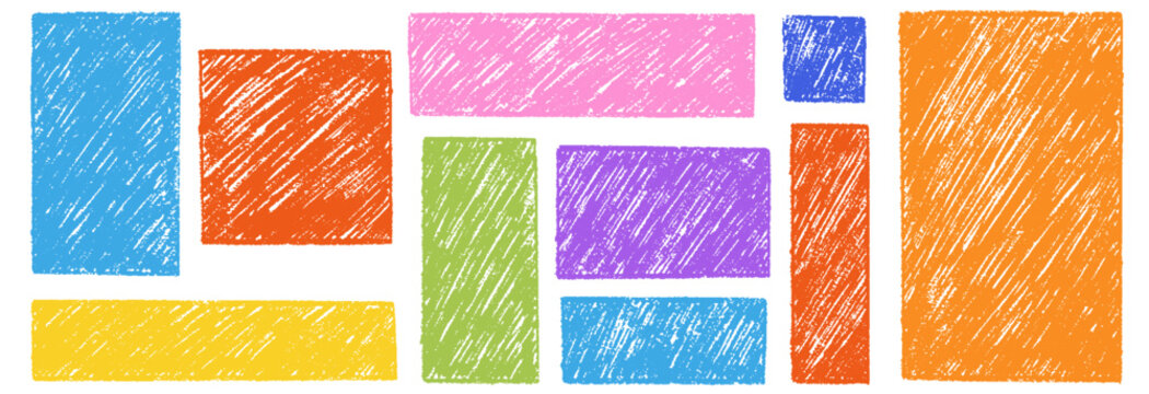 Chalk pencil frames doodle set. Crayon square and rectangle text boxes. kids color borders in sketch style, rectangular and square shapes, grunge texture. Memo stickers, notes. Vector illustration