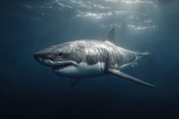 Fototapeta premium Realistic depiction of a great white shark swimming in deep blue ocean waters highlighting its powerful features and natural habitat