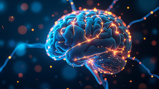 AI brain network glowing with blue and gold lights, abstract tech background, photorealistic

