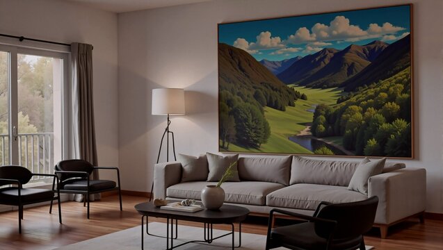 A modern living room featuring a cozy white sofa, sleek black chairs, and a large mountain landscape artwork that brings the outdoors in. Warm lighting and minimalist decor create tranquil atmosphere