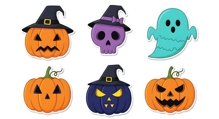 Halloween-themed clip art stickers sit on a yellow rectangle. Images include a pumpkin, ghost, skull, and black cat, some wearing witch hats.
