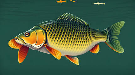 Fototapeta premium Carp fish (koi) realism isolate illustration. Fishing for big carp, feeder fishing, carp fishing. Carp underwater at the bottom of a river or lake.