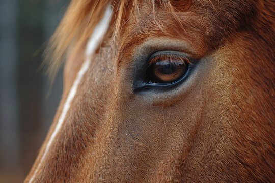 Close-up view of a chestnut horse's eye revealing intricate details and expressive features in a serene natural setting during the early morning hours - Powered by Adobe