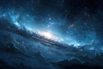 Fototapeta premium Explore a vibrant cosmic landscape showcasing a swirling galaxy filled with bright stars and deep blues, evoking a sense of wonder in the vastness of space