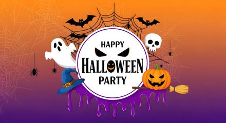 Halloween party graphic on a gradient orange to purple background with bats, spiderwebs, a ghost, skull, witch hat, jack-o-lantern and broom. Text reads "Happy Halloween Party".

