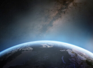 A lone star above the planet Earth. View from space to the starry sky and the Earth. Elements of this image furnished by NASA.