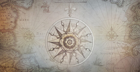 Naklejka premium Old map collage background. A concept on the topic of sea voyages, discoveries, pirates, sailors, geography, travel and history. Pirate, travel and nautical background.