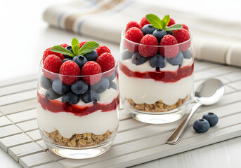 Two elegant parfaits layered with yogurt, granola, raspberry sauce, and topped with fresh raspberries and blueberries sit on a placemat.