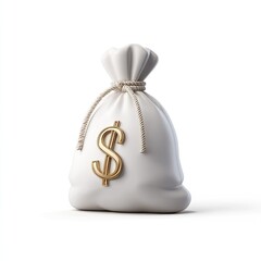 A white cloth money bag with a gold dollar sign