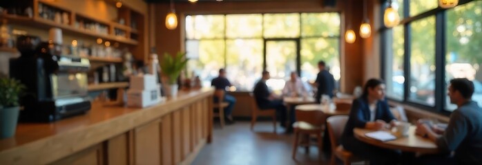 blurred background of cozy coffee shop interior with warm lighting, wooden furniture, and people having conversations. relaxing atmosphere. lifestyle, cafe website banner