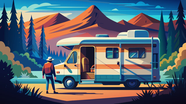 A male traveler admires a vintage RV parked in a vibrant mountain landscape during sunset.