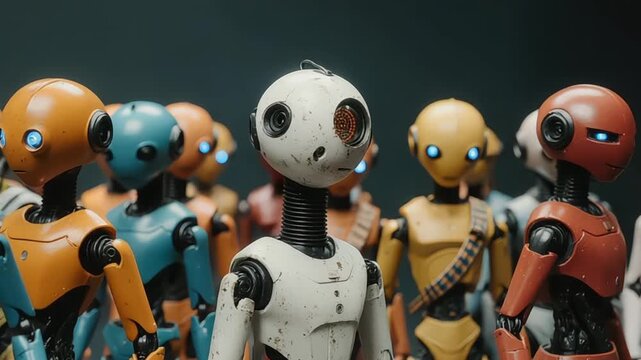 Diverse robots standing together in a futuristic setting with unique designs