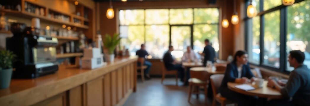 blurred background of cozy coffee shop interior with warm lighting, wooden furniture, and people having conversations. relaxing atmosphere. lifestyle, cafe website banner - Powered by Adobe