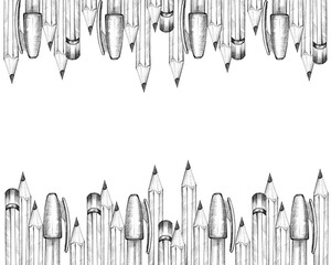 writing supplies for a child's studies, pencil, pen, frame with hand drawn pencil sketch of education theme, autumn event, back to school illustration, drawing for study, learning decoration