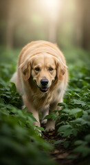 Obraz premium Golden retriever dog exploring forest foliage in soft light with expressive eyes and playful nature scene