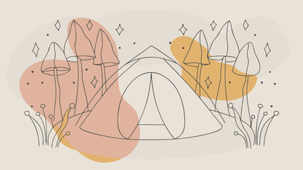 A minimalist linear illustration of a tent surrounded by whimsical trees and mushrooms, evoking tranquility and adventure.