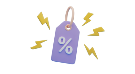 3D Purple Discount Tag with Percentage Symbol and Yellow Lightning Bolts graphic design isolated on a transparent background