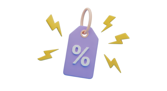 3D Purple Discount Tag with Percentage Symbol and Yellow Lightning Bolts graphic design isolated on a transparent background
