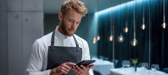 Chef using tablet in restaurant kitchen, managing orders and inventory