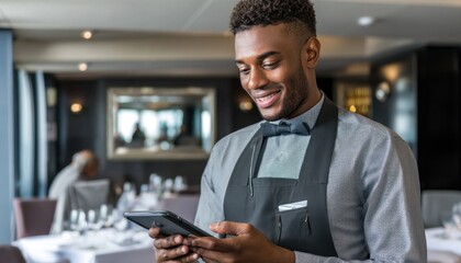 Smiling waiter using tablet in restaurant, efficient order taking