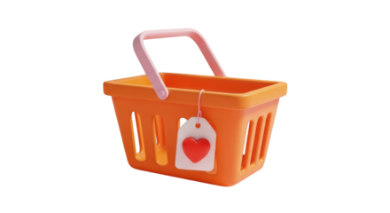 3D rendered orange shopping basket with heart tag retail purchase isolated on a transparent background