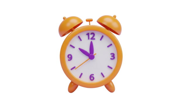 3D Rendered Orange Alarm Clock with Purple Hands time wake up isolated on a transparent background