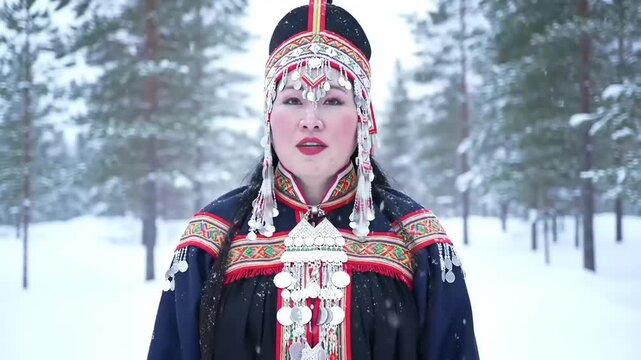A Sami woman in traditional attire stands in a snowy forest, showcasing cultural heritage and winter beauty