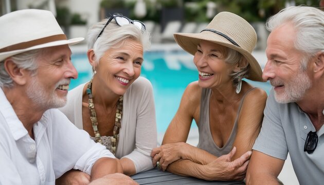 Group of senior friends enjoying time together by poolside - Powered by Adobe