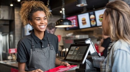 Smiling cashier serving customer at fast food restaurant