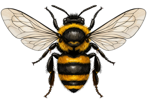 Detailed close up of a bumblebee with wings spread isolated on transparent background
