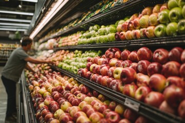 Obraz premium Early morning in a fresh produce section with clean shelves A person is placing fresh apples and nectarines in neat rows The mood is calm and organized, Generative AI