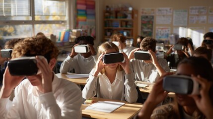Students engage in virtual reality learning experience in a classroom setting during school hours