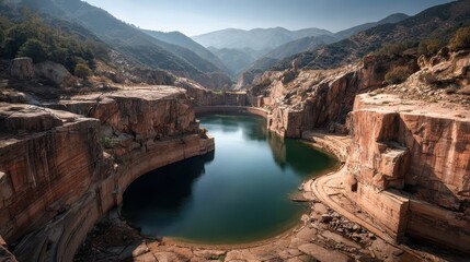 Fototapeta premium Reservoir Waterscape in Rocky Mountains, Background Trees, Travel Destination