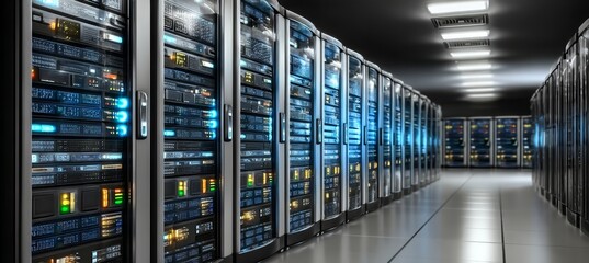 Illuminated server racks displaying advanced data infrastructure and cybersecurity components