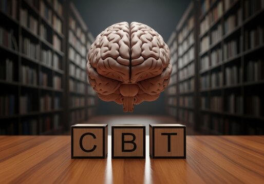 A human brain floats above cbt blocks in a library