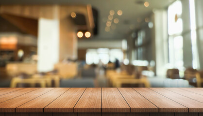 Empty wooden table top with lights bokeh on blur restaurant background.