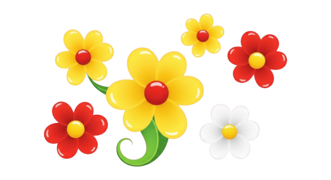 Cartoon Flowers Collection Yellow Red White With Green Leaf and Swirl illustration nature isolated on a transparent background