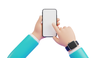 Cartoon hands holding smartphone and smartwatch with blank screens mobile isolated on a transparent background