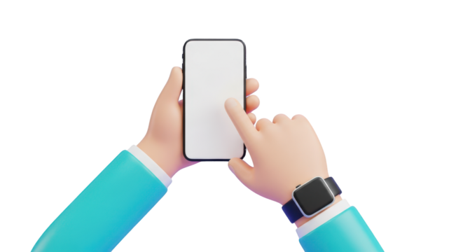 Cartoon hands holding smartphone and smartwatch with blank screens mobile isolated on a transparent background - Powered by Adobe