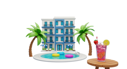 Cartoon Hotel with Pool and Tropical Drinks resort vacation isolated on a transparent background