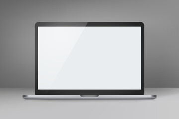 Modern laptop in dark interior. 3d vector mockup