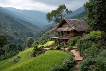 Terrace rice plantation and Karen village landscape showcasing mountain views and traditional bamboo house