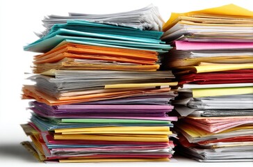 High stack of colorful documents