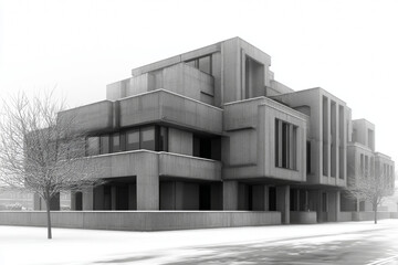 Fototapeta premium Modern Brutalist Architecture: Concrete Building with Geometric Design and Urban Aesthetic 