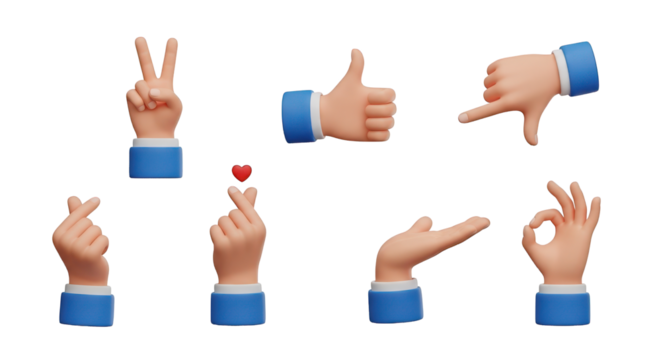 Collection of 3D Cartoon Hands Displaying Various Gestures illustration isolated on a transparent background