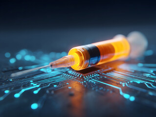 A futuristic syringe rests on a circuit board, symbolizing the intersection of technology and medicine in a digital landscape.