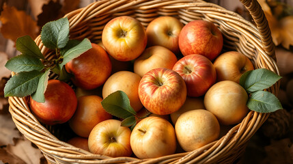 A woven basket brimming with freshly picked apples, autumnal theme, rich textures
