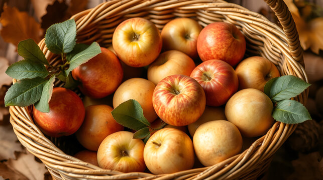 A woven basket brimming with freshly picked apples, autumnal theme, rich textures